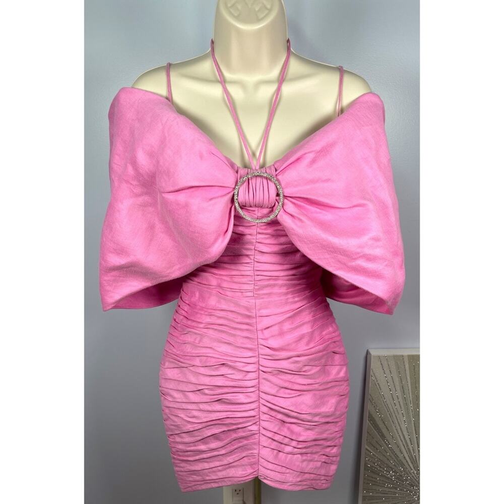 RASARIO Bow Embellished Draped Off the Shoulder Pink Linen Mini Dress Size 2 - Picture 4 of 13